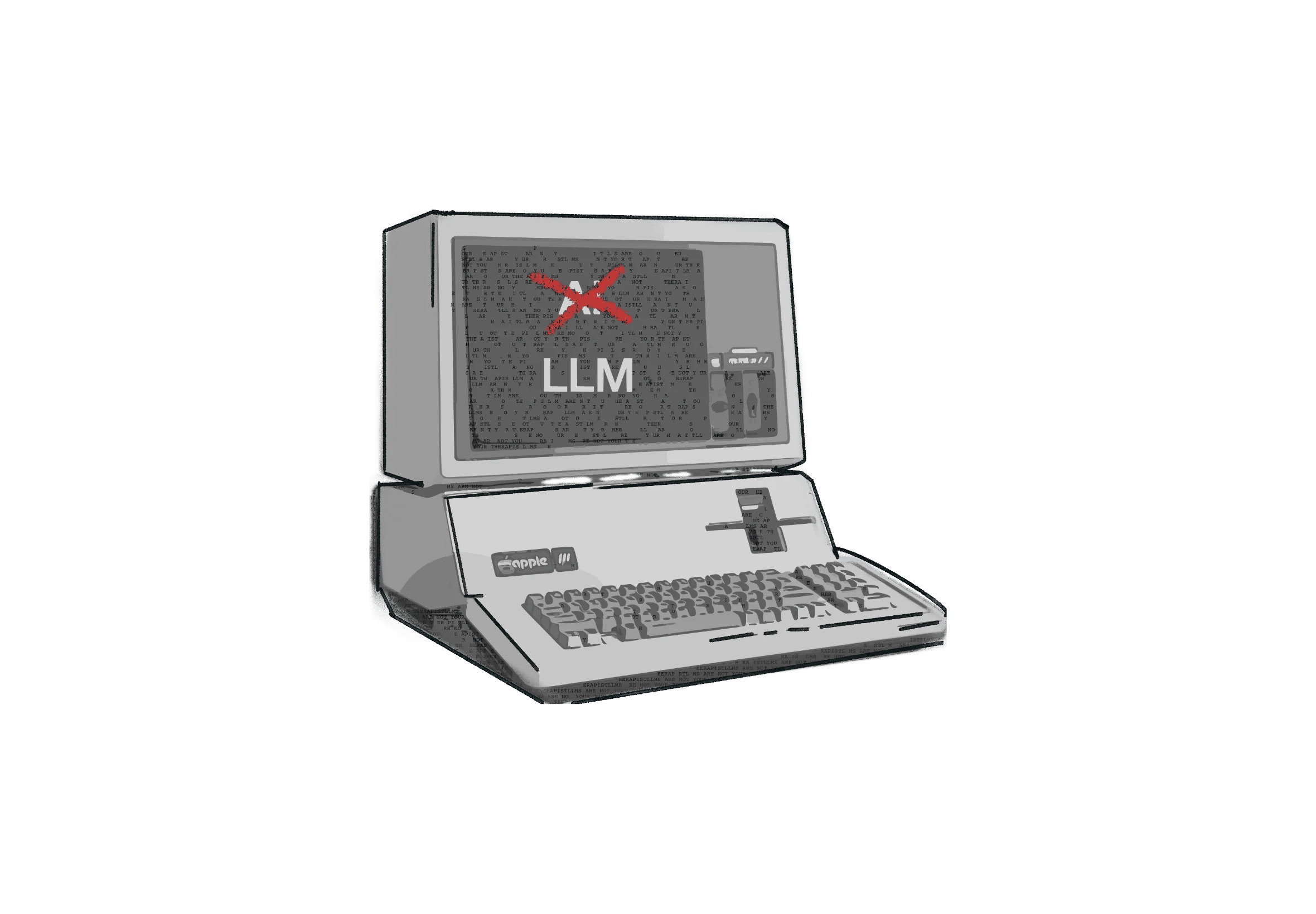 An Apple III Plus Displaying LLM's on the Screen with the word AI crossed out with red text 