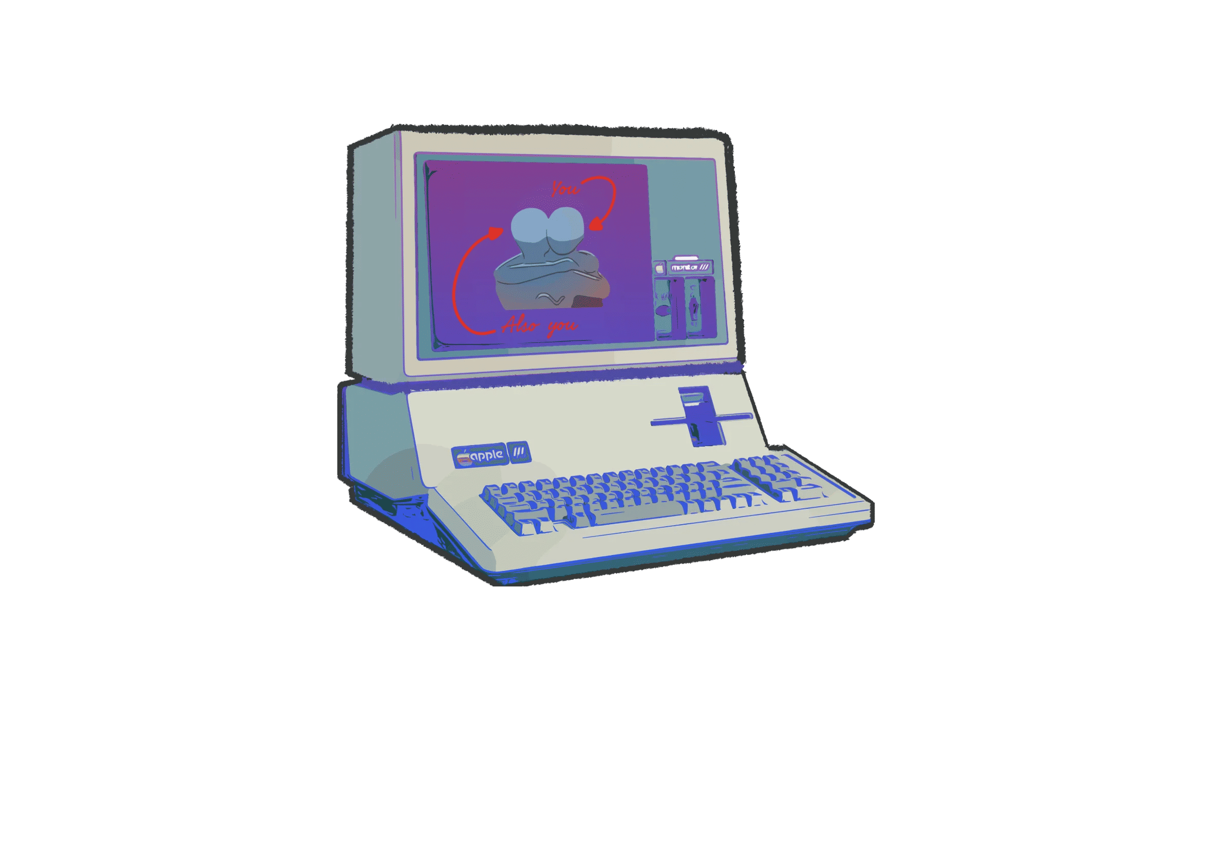 A graphic design of an Apple 'LISA' computer with an emoji of two people hugging with 'you' pointing towards one of the people and the other stating 'also you' to show self-love is necessary 