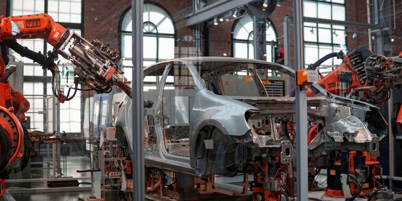 gray vehicle being fixed inside factory using robot machines