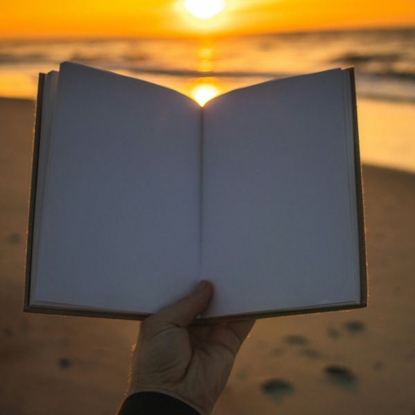person holding open book with no print