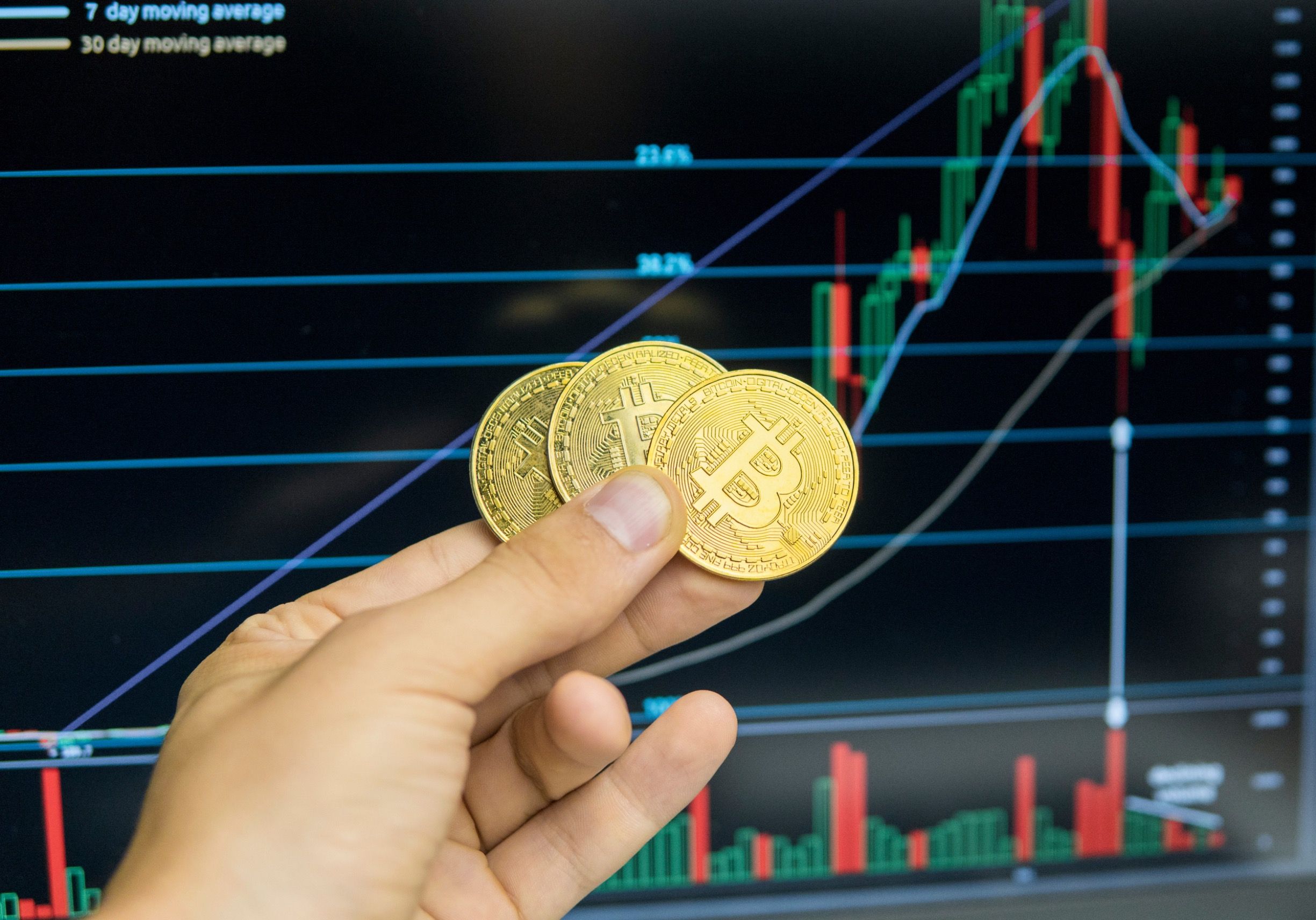 Holding physical Bitcoins infront of a screen with a trading chart.