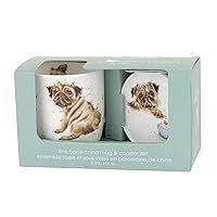 Royal Worcester Wrendale Designs 11 Oz Mug & Coaster Set, Pug Love - Fine Bone China Coffee Mug with Adorable Dog Motif, Dishwasher & Microwave Safe - Festive Gift for Animal Lovers