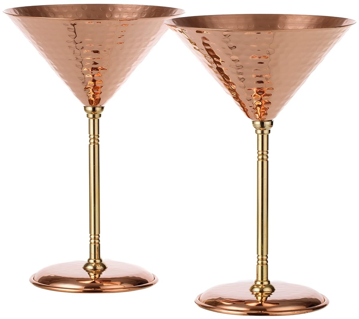 DEMMEX 2 X Gorgeous Hammered Copper Martini Goblets Glasses, Uncoated Pure 1mm Thick Copper, Handmade in Turkey, 10 Ounces