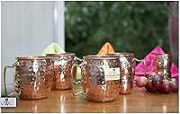 Rastogi Handicrafts Hammered Copper Moscow Mule Mug, 16 oz - Set of 4 - Handmade of 100% Pure Copper, Nickel Lined, Brass Handle & 4 Small Mug Free