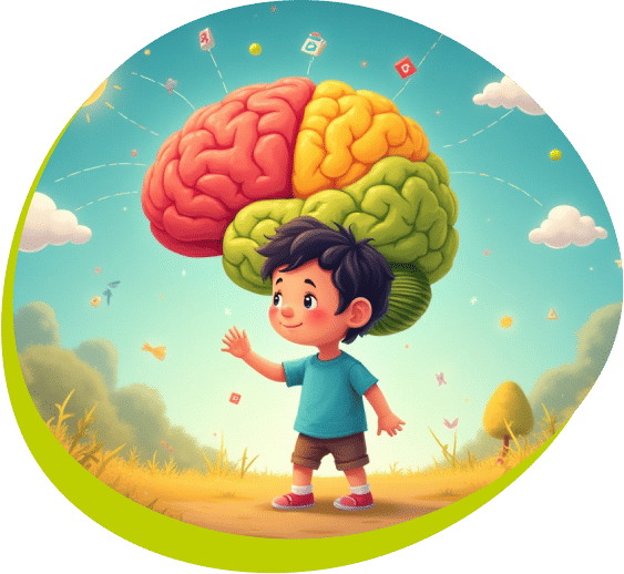 Child with colorful brain illustration showing cognitive development