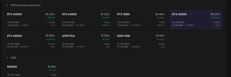 Screenshot of runpod website's pod selection page.