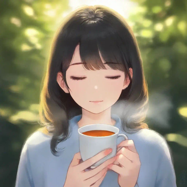 Illustration showcasing the basic hand generation in SDXL, it shows a woman drinking tea with eyes closed.
