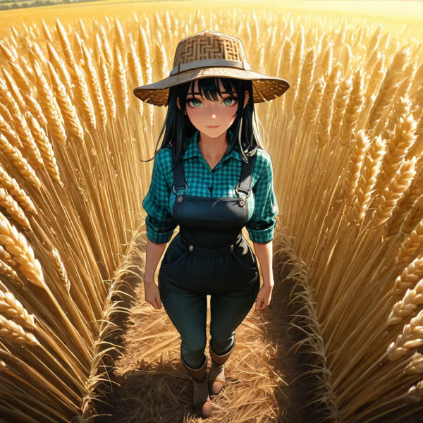 Illustration of a farmer woman looking up at the camera.