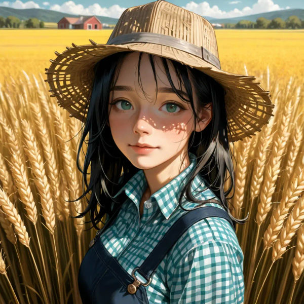 Close-up illustration of a farmer woman at the camera.