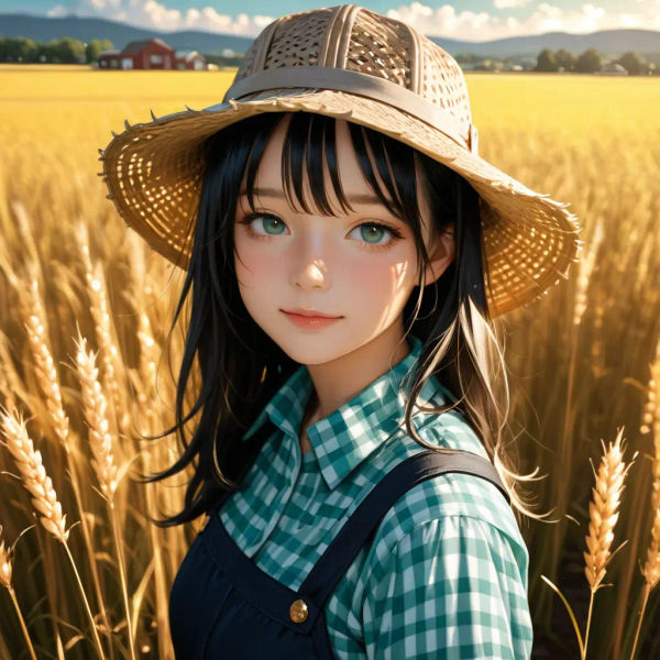 Close-up illustration of a farmer woman at the camera.