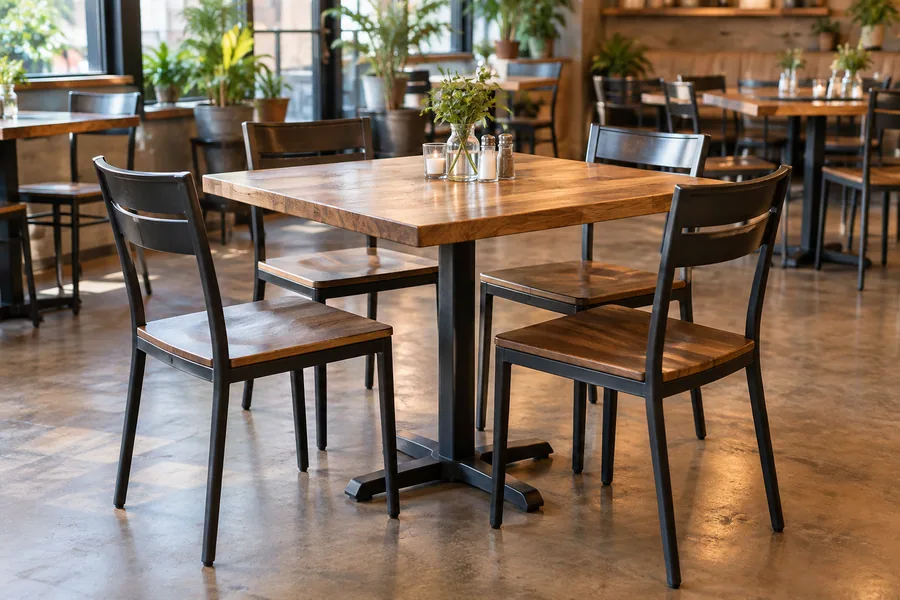 Commercial tables and chairs in a café dining area