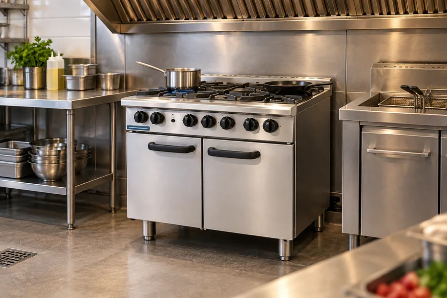 Six-burner range and oven in a restaurant cooking line