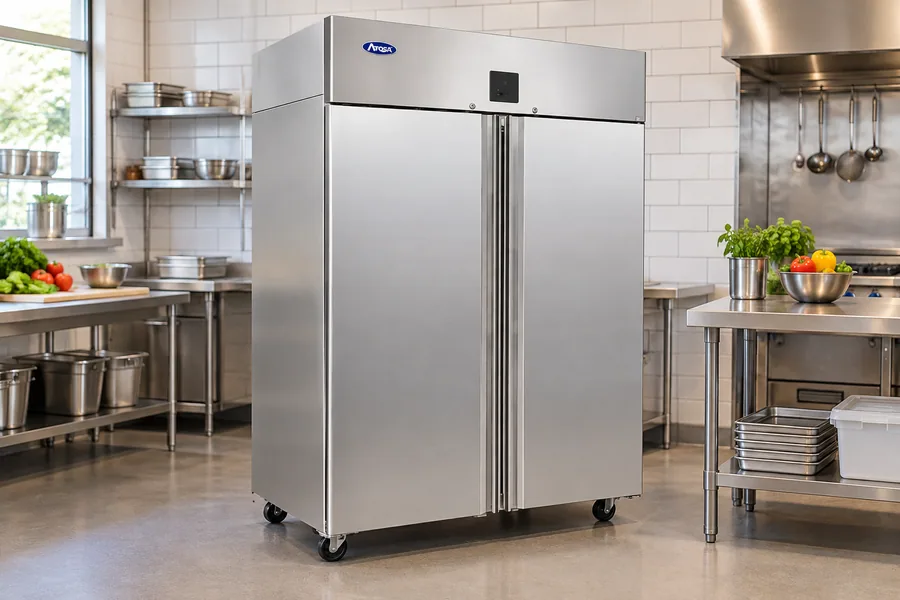 Double-door commercial refrigerator in a professional kitchen