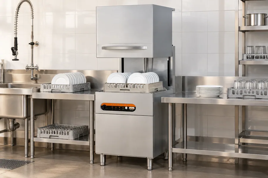 Pass-through dishwasher and dish racks in a commercial wash-up area
