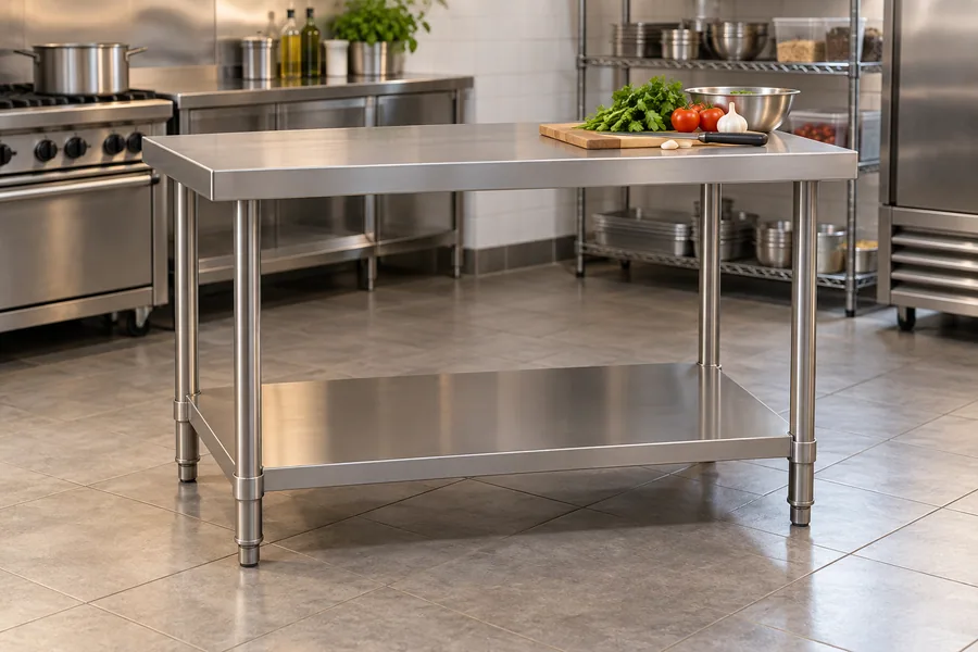 Stainless steel work table in a commercial preparation kitchen