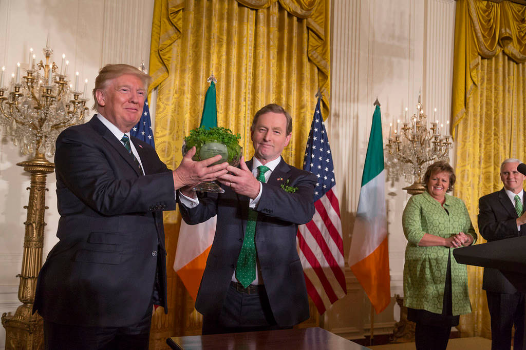 Enda Kenny presents President Donald Trump with a bowl of shamrock