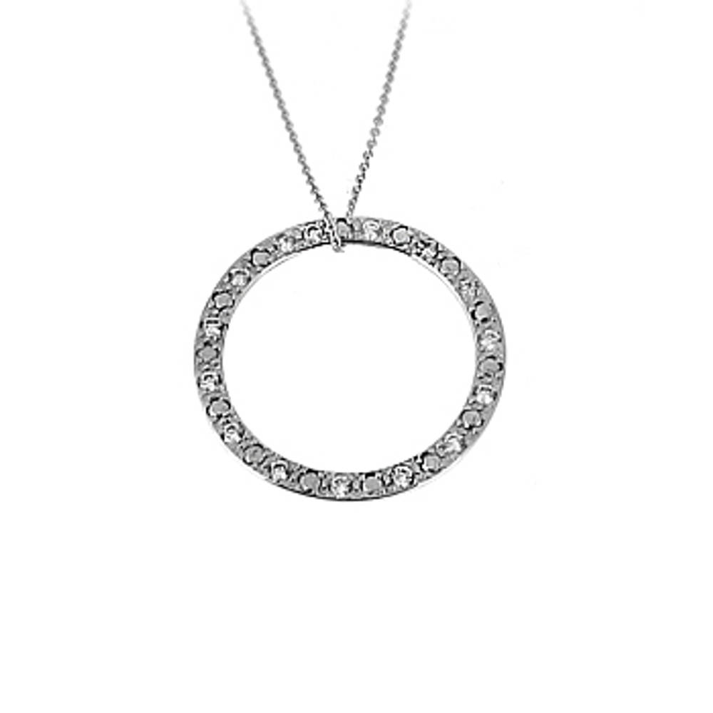 9k white gold CZ circle pendant on 9k white gold 18” chain
Metal: 9k white gold 9k white gold 18” chain
Length  2.1cm  Width  2.1cm         Made in Ireland