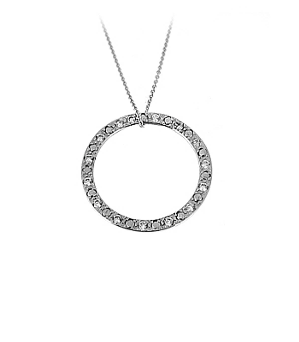 9k white gold CZ circle pendant on 9k white gold 18” chain
Metal: 9k white gold 9k white gold 18” chain
Length  2.1cm  Width  2.1cm         Made in Ireland