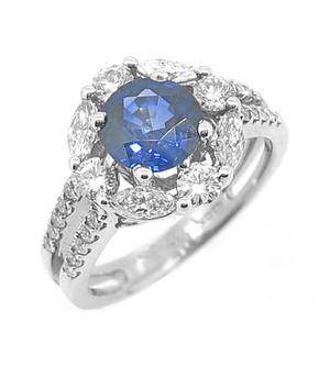 Sapphire and diamond cluster ring in 18 carat white gold