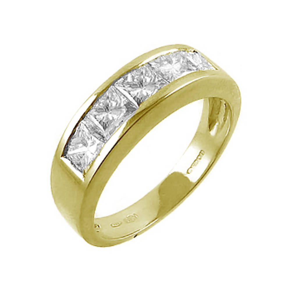18k yellow gold 5st princess cut diamond channel set ring
Carat: total diamond weight 1.53cts
Metal: 18k yellow gold