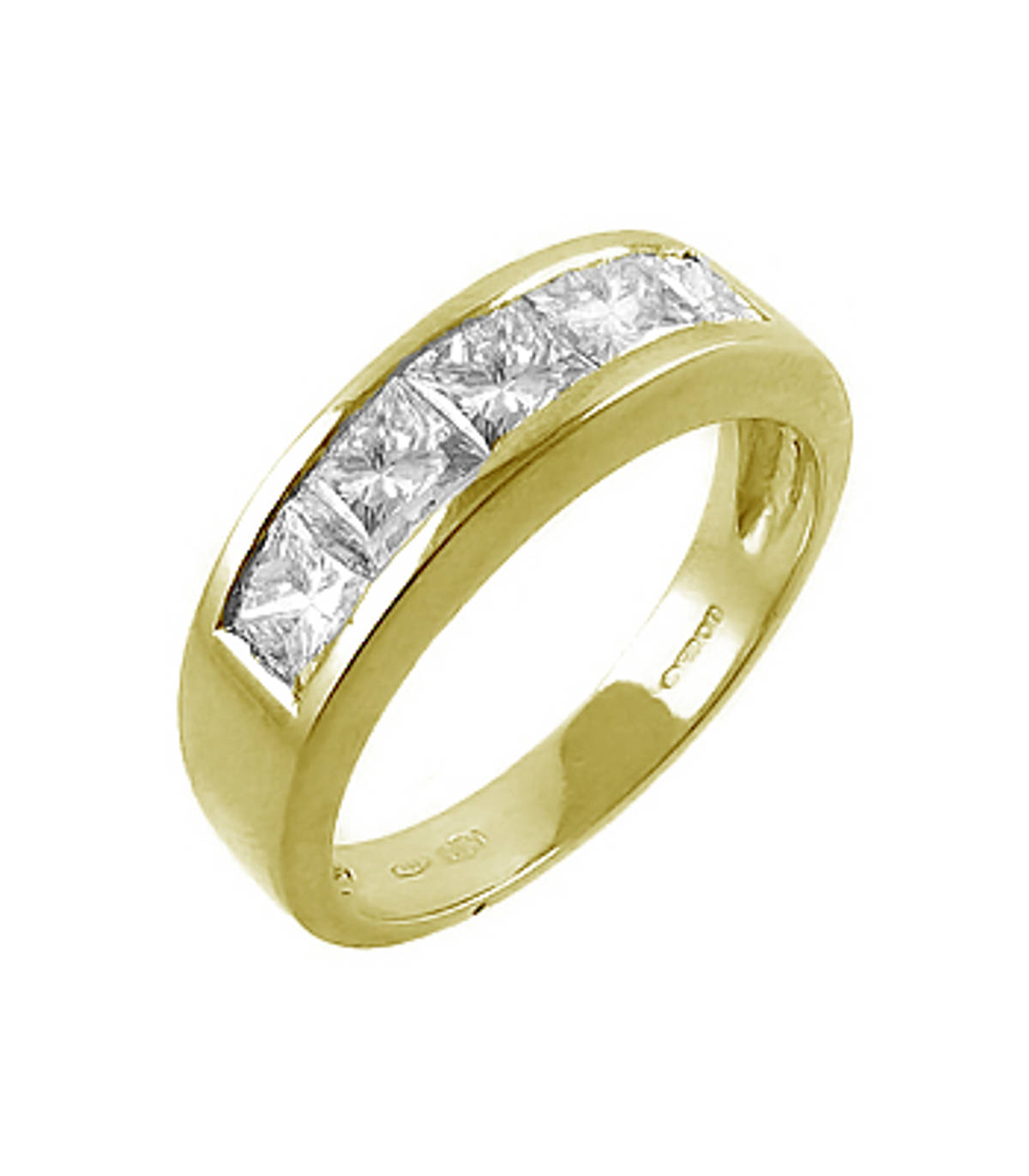 18k yellow gold 5st princess cut diamond channel set ring
Carat: total diamond weight 1.53cts
Metal: 18k yellow gold