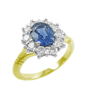 Sapphire and diamond cluster ring in 18 ct yellow gold