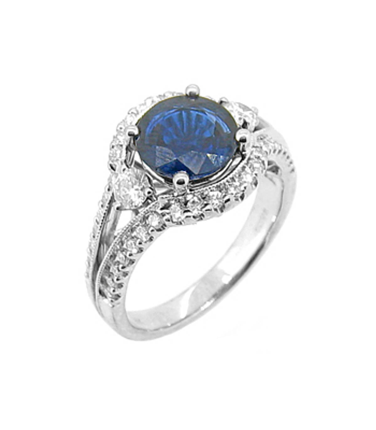 Sapphire and diamond cluster ringPictured item: sapphire: total 2.00ct/diamonds: total 0.70ct set in 18k white gold