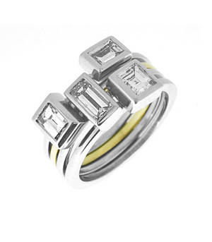 Emerald cut diamond 4 row ring in 18 ct yellow and white gold