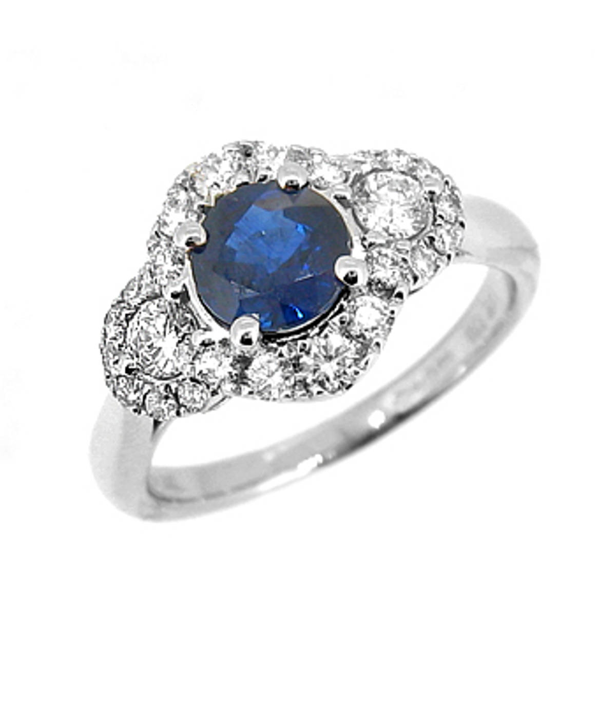 Sapphire and diamond cluster ringPictured item: sapphire 0.80ct/diamonds 0.49ct set in 18k white gold