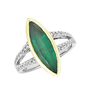 Marquise emerald and diamond cluster ring withdouble row diamond shoulders in 18 ct white gold