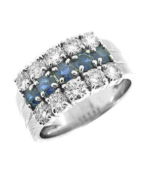 Sapphire and diamond 3 row 18 ct white gold ring