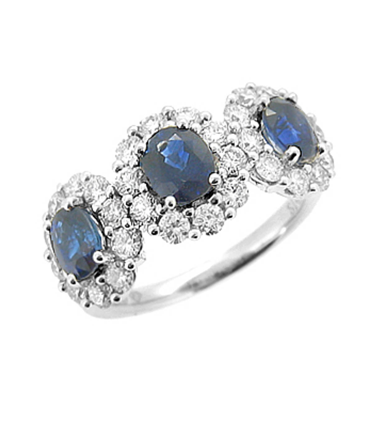 Sapphire and diamond treble cluster ringPictured item: sapphire: total 1.45ct/diamonds: total 1.09ct set in 18k white gold