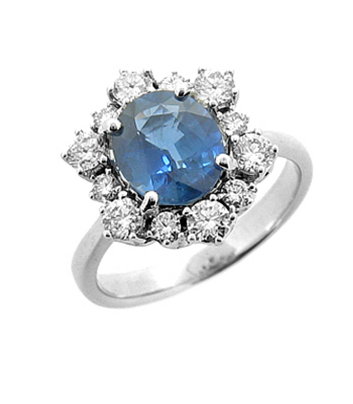 Sapphire and diamond cluster ringPictured item: sapphire: total 2.17ct/diamonds: total 0.70ct set in 18k white gold