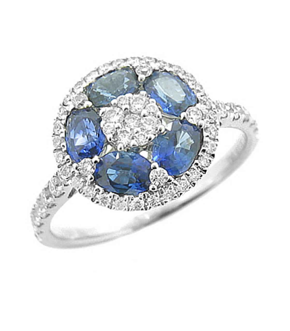 Sapphire and diamond cluster ringPictured item: sapphire: total 1.03ct/diamonds: total 0.43ct set in 18k white goid