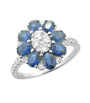 Sapphire and diamond cluster 18 carat white gold ring