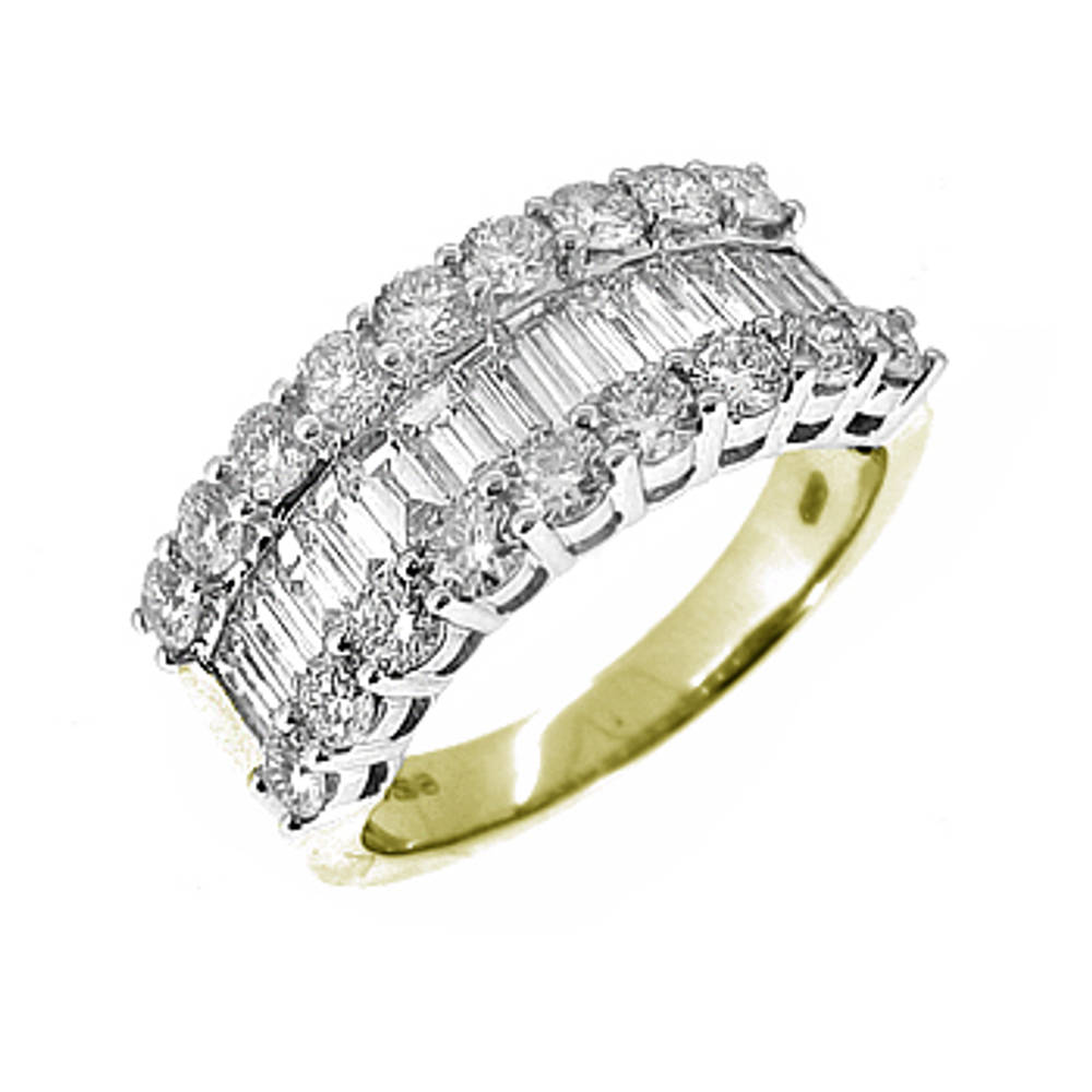 3 ROW DIAMOND DRESS RING€5,200.0018k yellow and white gold baguette & brilliant cut diamond 3 row dress ringDETAILSCarat: diamond total weight 2.13ctsCut: Brilliant cut and BaguetteMetal: 18k yellow and white gold