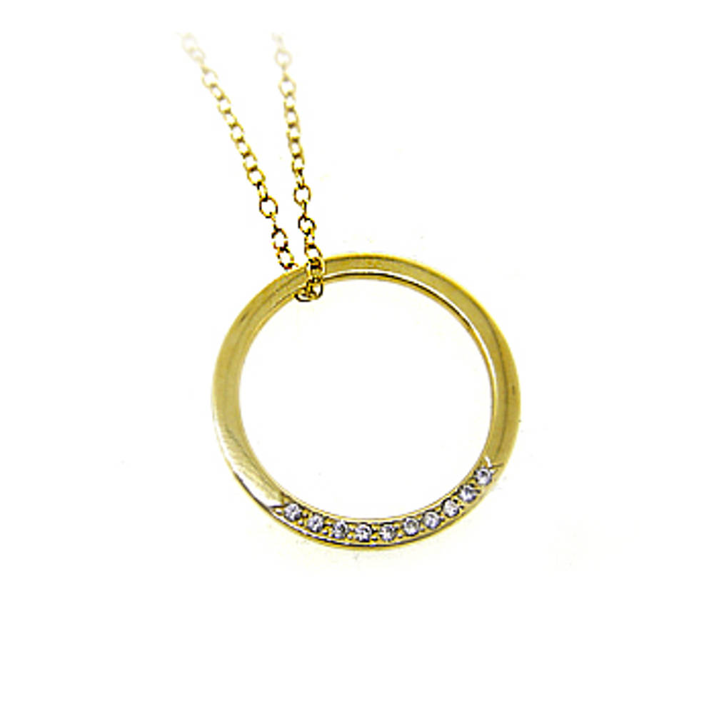 9k yellow gold CZ circle pendant on 9k yellow gold 18” chain
Metal: 9k yellow gold  9k yellow gold 18” chain
Length  2.1cm  Width  2.1cm      Made in  Ireland