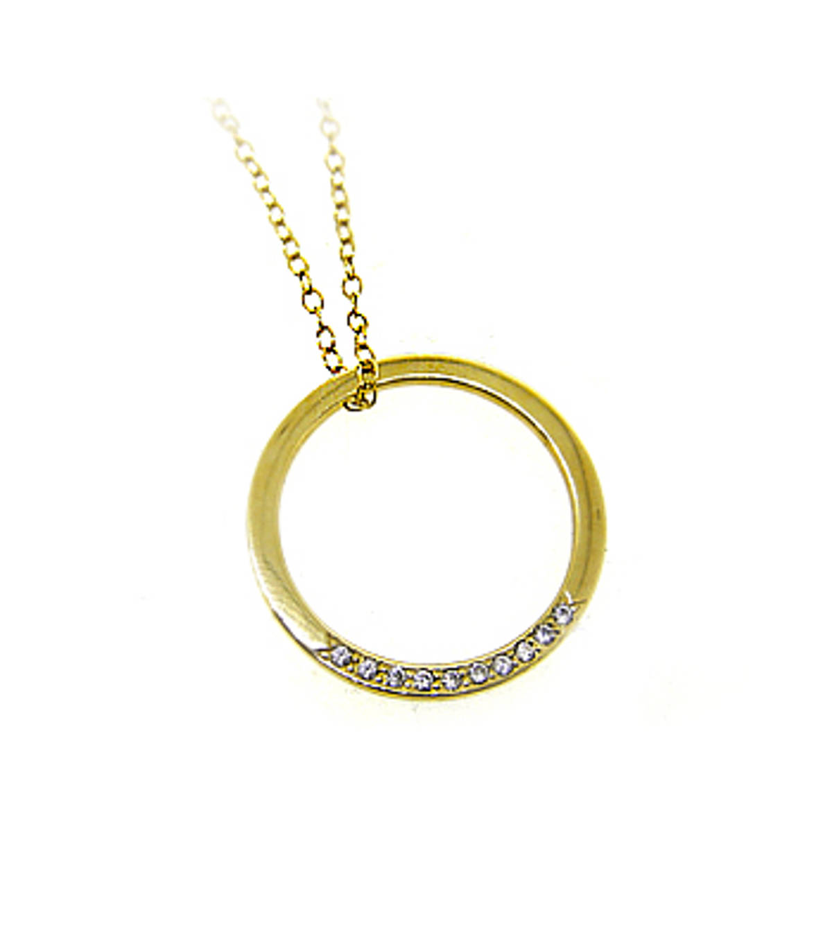 9k yellow gold CZ circle pendant on 9k yellow gold 18” chain
Metal: 9k yellow gold  9k yellow gold 18” chain
Length  2.1cm  Width  2.1cm      Made in  Ireland