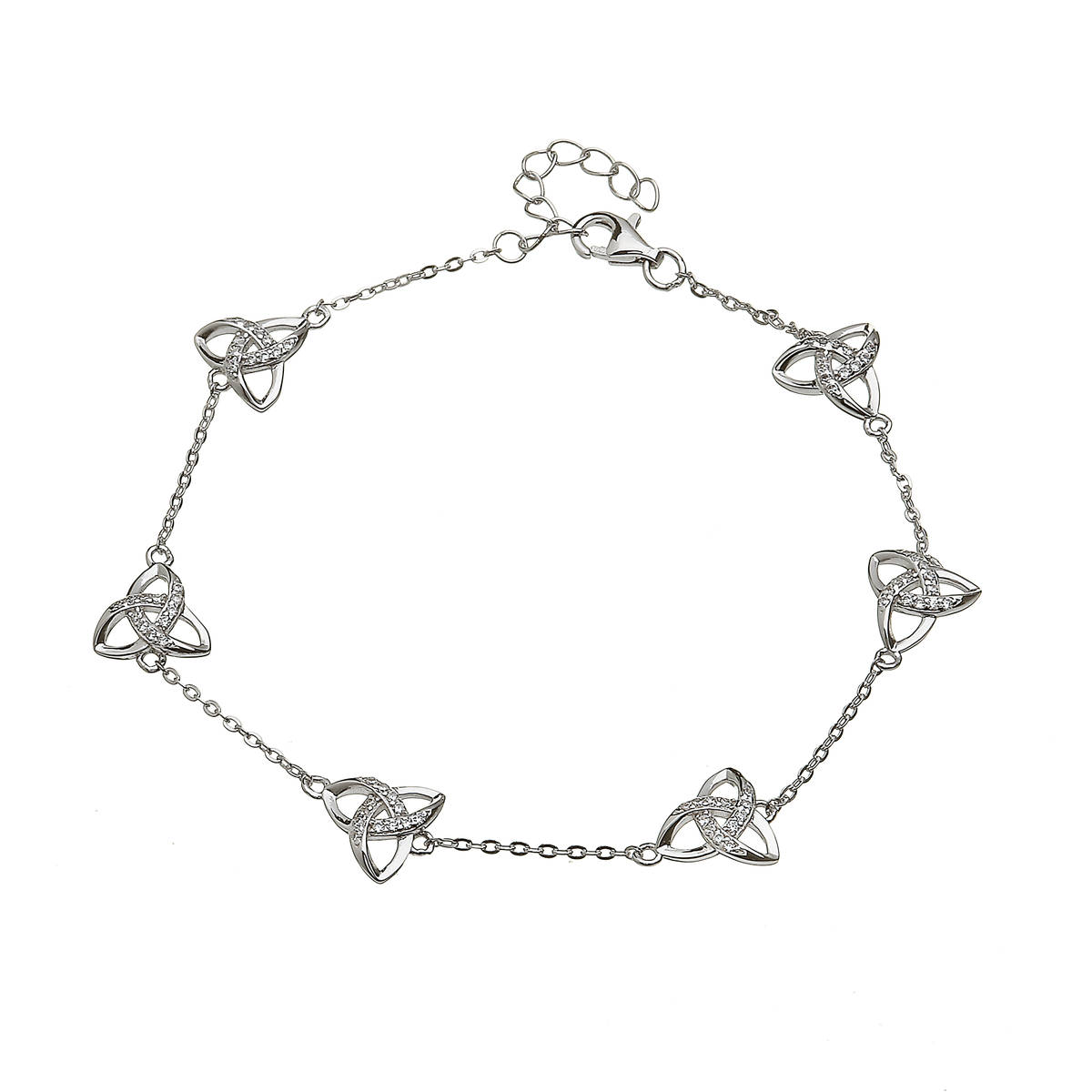 Silver Cz Chain Bracelet With Six Trinity Knot Links And Chain Extender