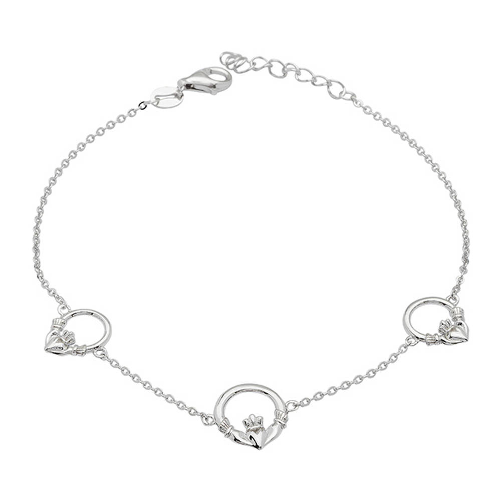 Silver Three Claddagh Link And Chain Bracelet 105mm
