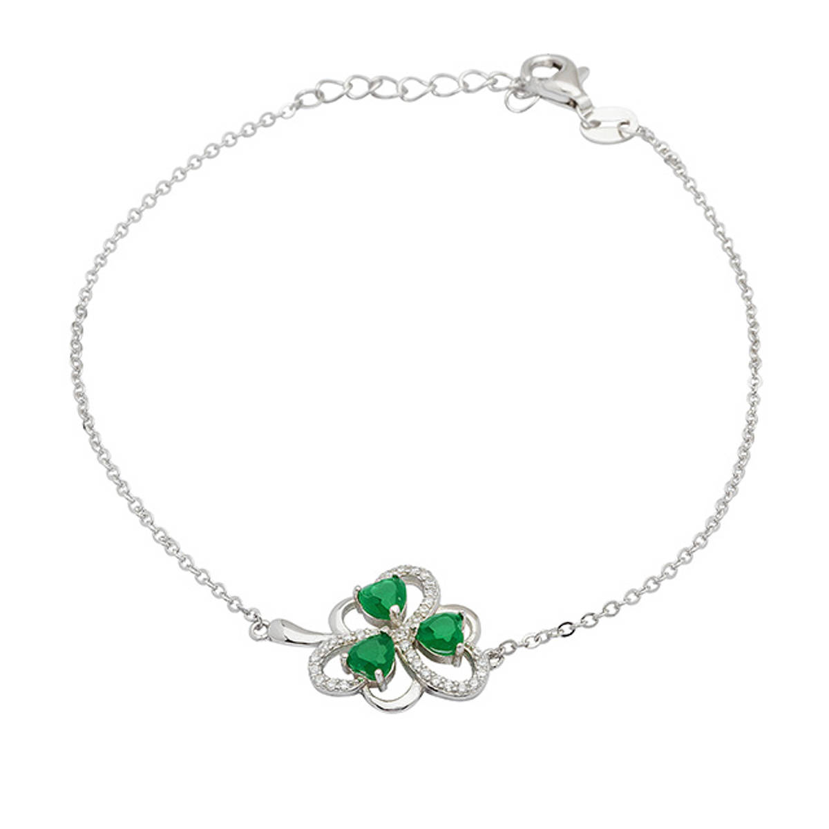 Sterling Silver Single Shamrock Link And Chain Bracelet with Green Agate and Cubic Zirconia.

Size: 19mm