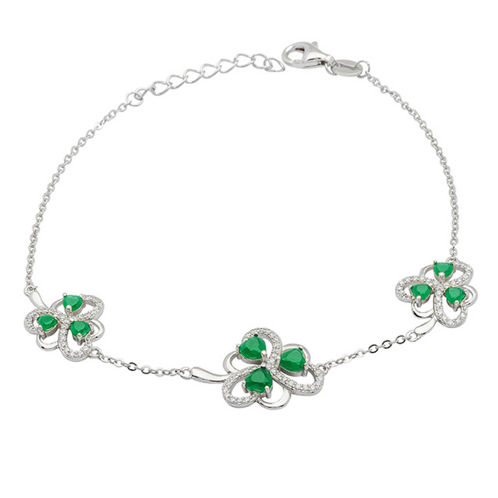 Silver Green Agate Cz Shamrock Bracelet 19mm