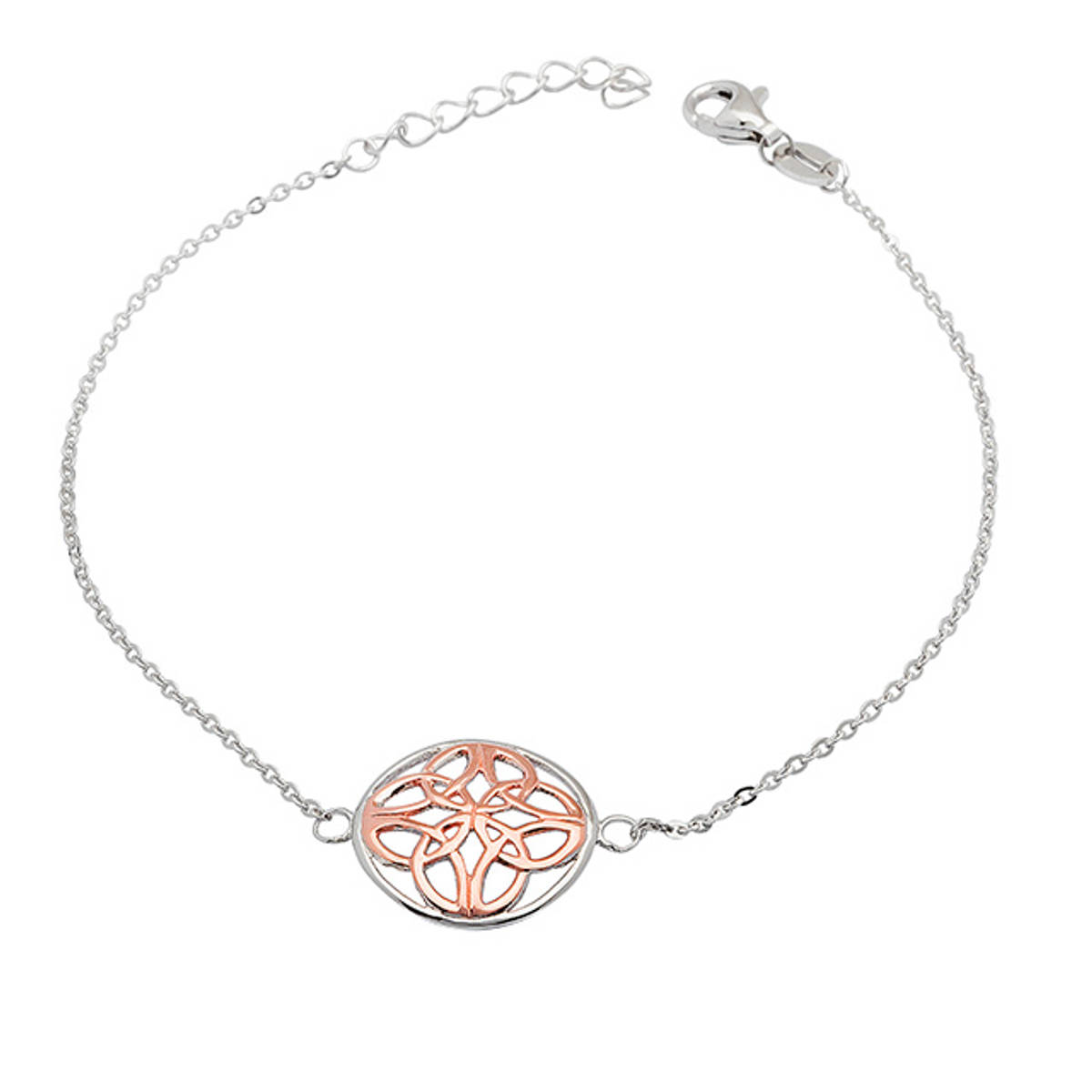 Sterling Silver Round Link And Chain Bracelet with Rose Gold Celtic Knot
