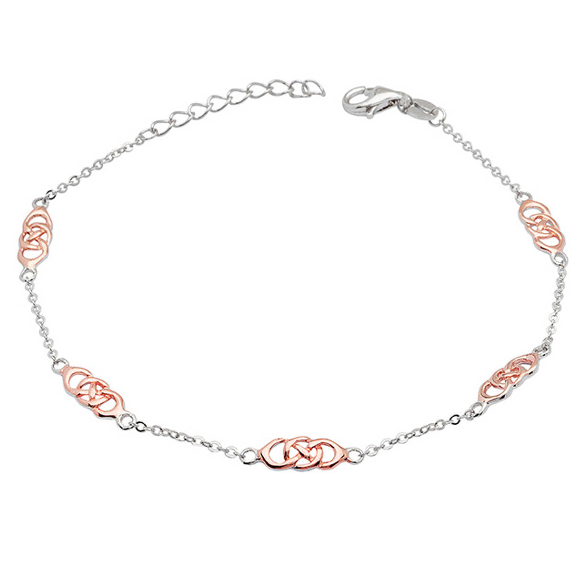 Sterling Silver Five Link And Chain Bracelet with Rose Gold Celtic Design.