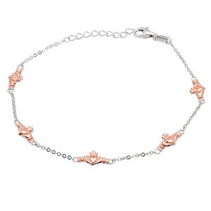 Silver Chain Bracelet with Rose Gold Claddagh Links