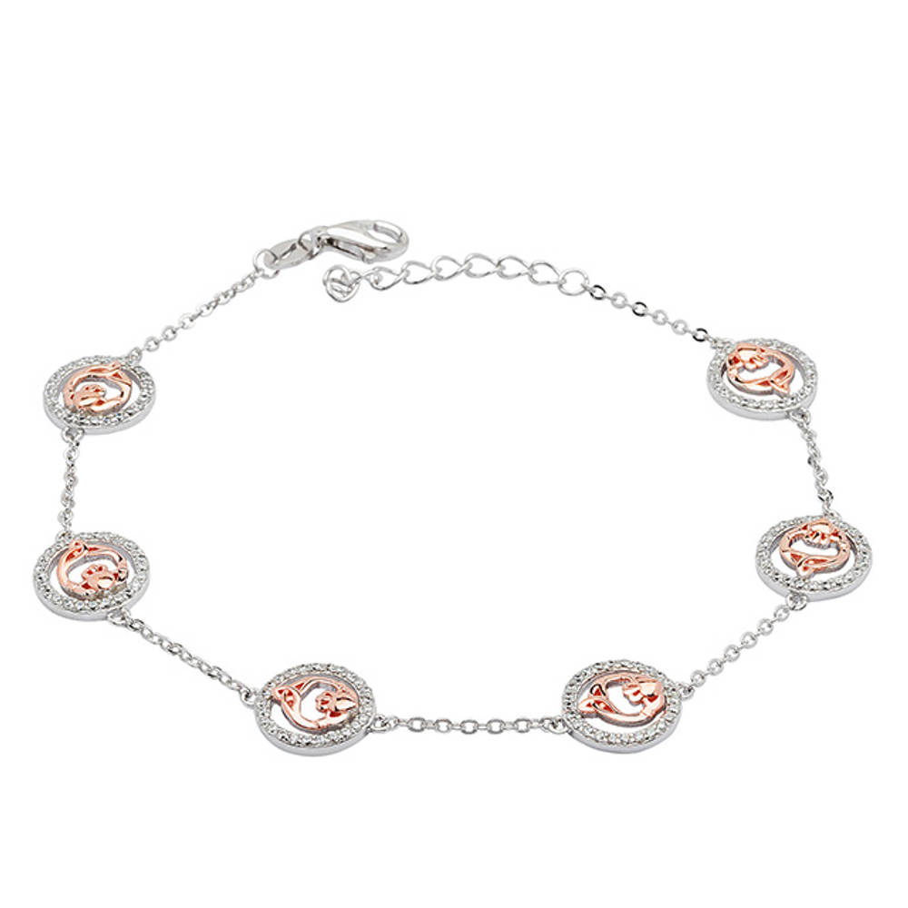 Silver Rose Gold Plated 2 Tone Six Claddagh Link And Chain Bracelet