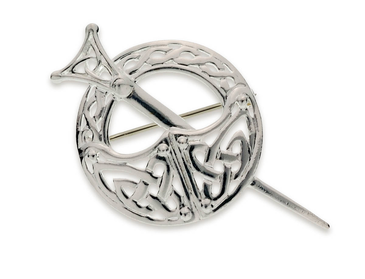 Silver Tara brooch with celtic knot work.