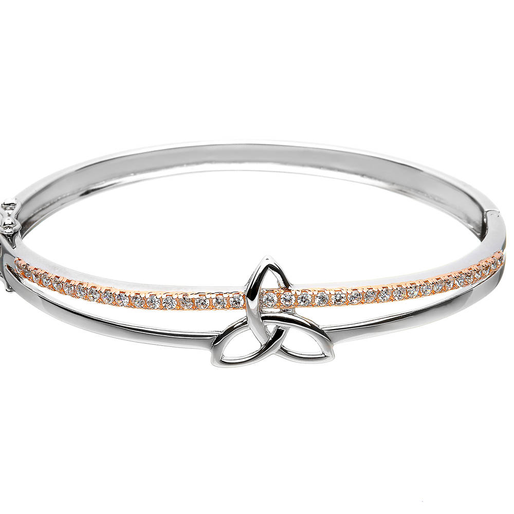 Silver Trinity Bangle With Cz Set In Rose Gold Plating