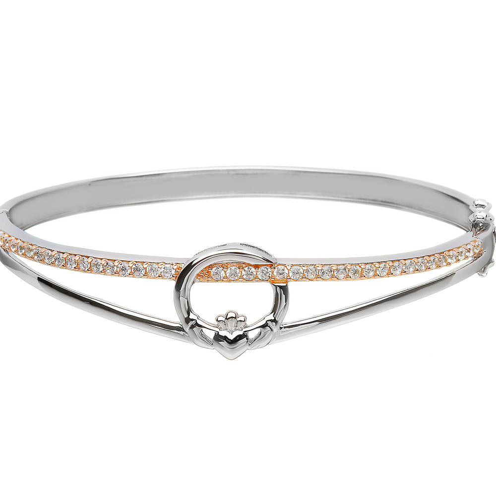 Silver Claddagh Bangle With Cz Set In Rose Gold Plating