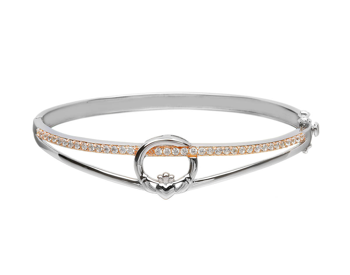 Silver Claddagh Bangle With Cz Set In Rose Gold Plating